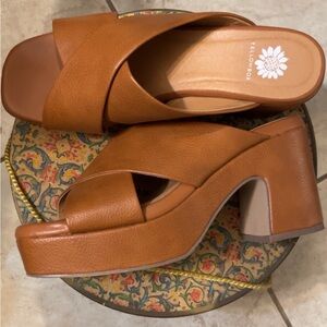 Yellow Box Cognac Tan Crossover Leather Platform Mules